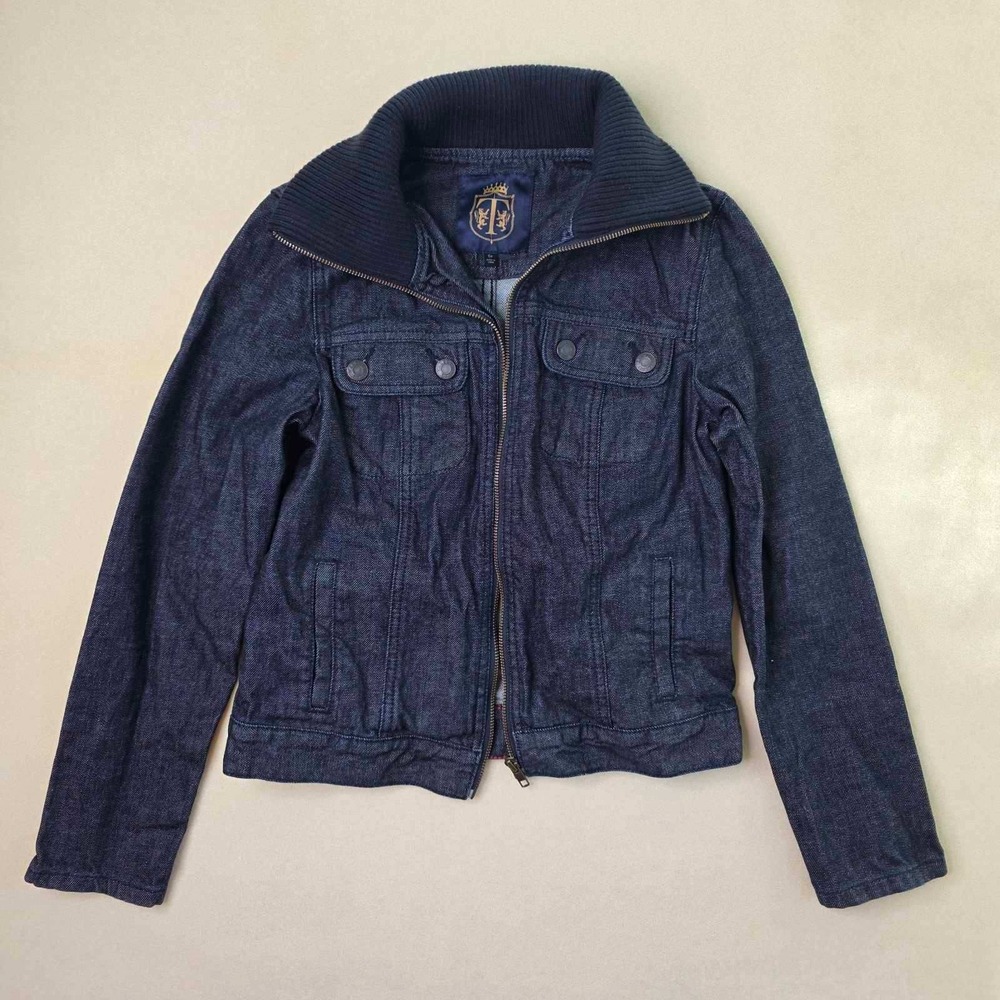 Talbots Women's Size 6P Dark Wash Denim Jacket Ribbed Knit Funnel Neck Zip Up